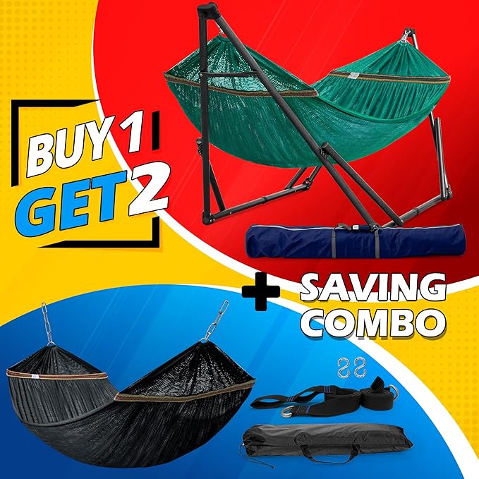 Tranquillo Combo x2 Hammocks with Stand for Outside &amp Tree Straps Heavy Duty Hammock with Stand 600lbs for Indoor Outdoor Patio Backyard x2 Hammocks for 2 Person (Combo - Peacock Medium)