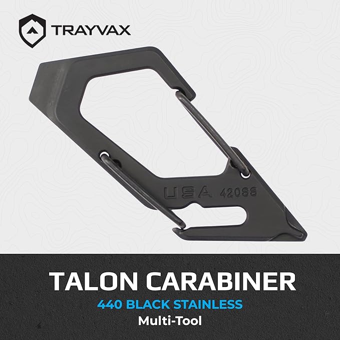 Trayvax Talon Carabiner Clip Multi-Tool 420 Stainless Steel Quick Release Keychain Multitool with Bottle Opener and Screwdrivers Black