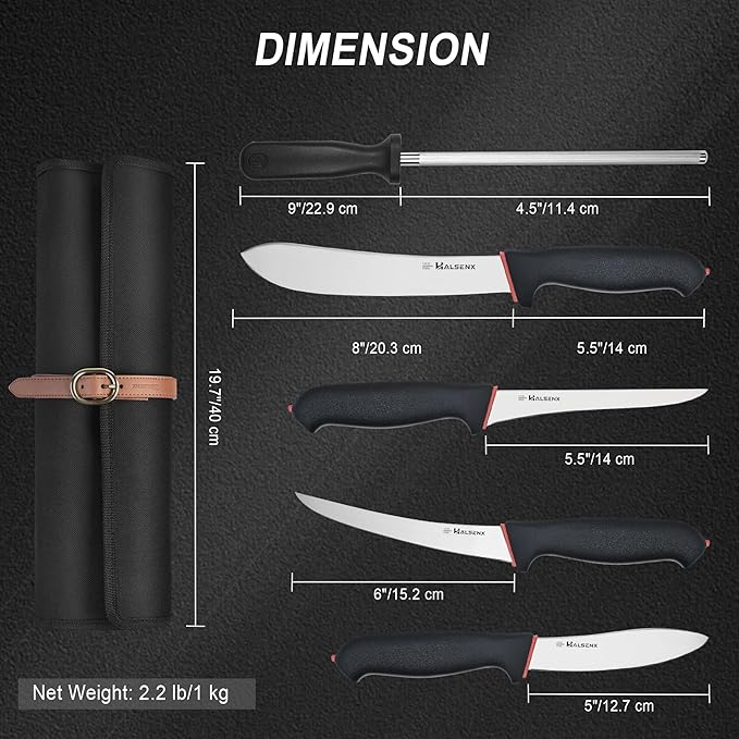 6PCS Professional Butcher Knife Set with Softgrip 8 Butcher 6 Semi-Flex/Stiff Boning 5 Skinning 8 Sharpener Rod &amp Knife Roll Bag for Home Kitchen Camping Hunting