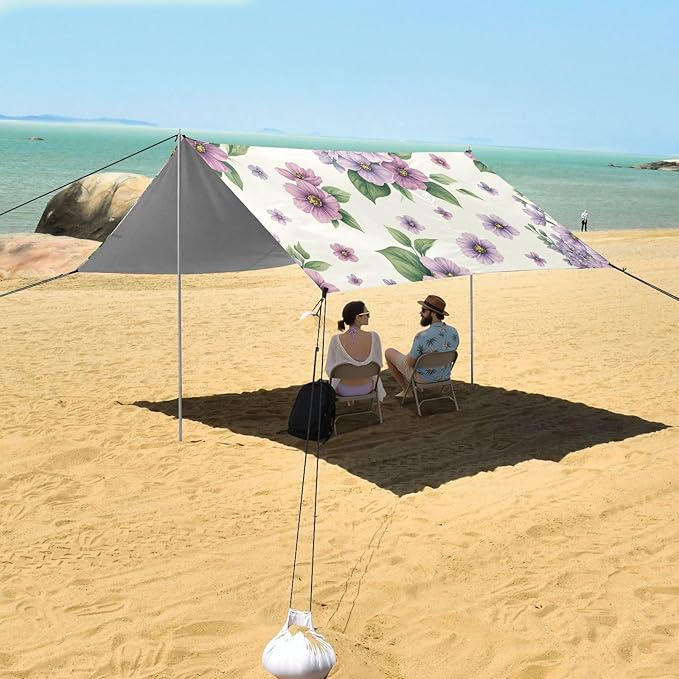 Elegant Violet Flowers Beach Tent Sun Shelter Set UPF50+ UV Protection 10.5 x 9.19 FT Camping Shade Canopy with Sandbags Sand Anchors Carrying Bag and Others