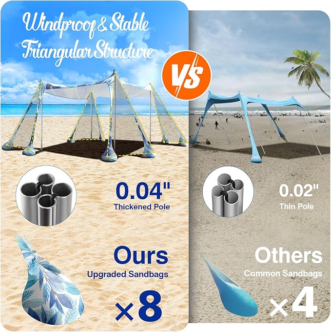 Rhino Valley Beach Tent Shade Canopy UPF50+ Protection 8 Sandbags 4 Stability Poles Outdoor Sun Shelter Umbrella for Sand Camping Fishing Essentials