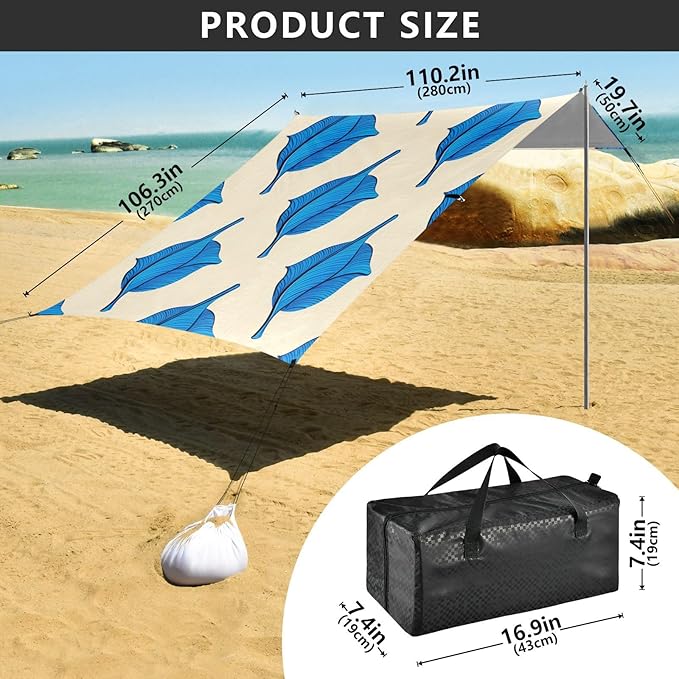 Beach Canopy with Windproof Ropes &amp Sandbags Beach Tent Sun Shade Sun Shelter for Camping Trips Fishing Backyard Fun or Picnics Leaves