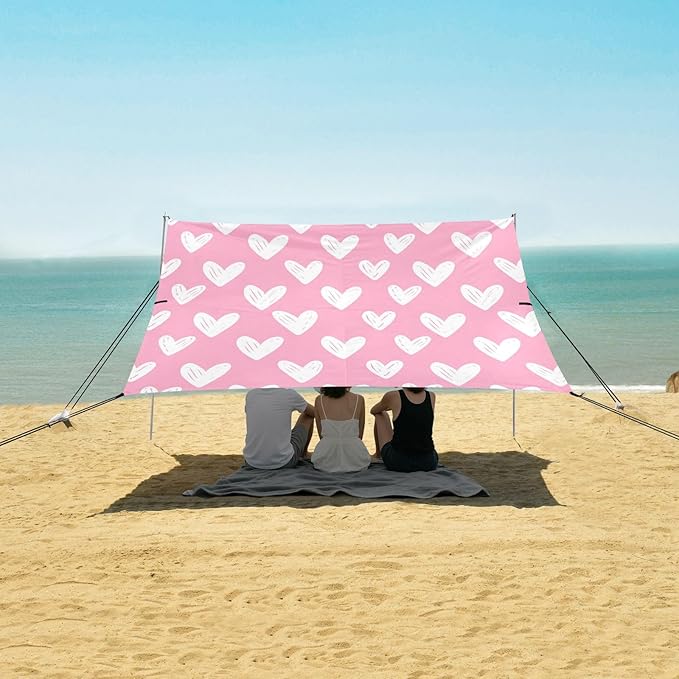 Beach Canopy with Windproof Ropes &amp Sandbags Beach Tent Sun Shade Sun Shelter for Camping Trips Fishing Backyard Fun or Picnics Heart