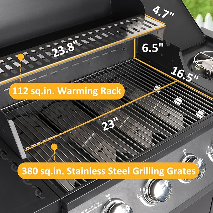 Propane Gas Grill 4 Burners with Side Burner Freestanding Grill Cart with Wheels for Outdoor Garden Cooking Barbecue Grill Black
