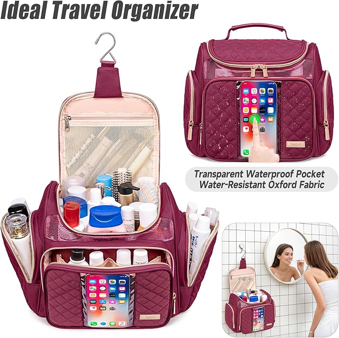 Large Toiletry Bag for Women MenBathroom BagWater Resistant Shower BagMakeup BagPortable Shower Caddy for College DormHanging Travel Toiletry Bag with Transparent Waterproof Phone Pocket
