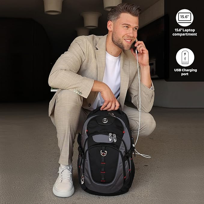 Swissdigital Design Laptop Backpack with USB Charging Port Travel Backpack Fits 15.6 inches Computer 31L College School Backpack for Men Black/Grey | SD803-02