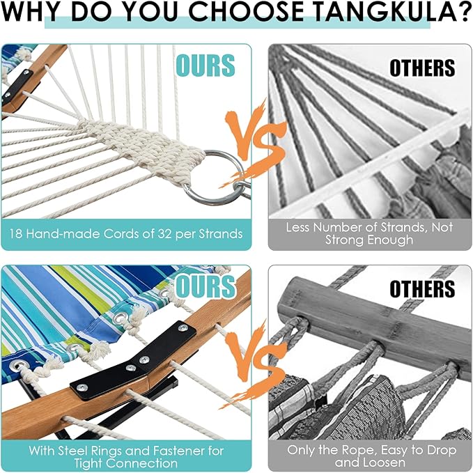 Tangkula 10.5FT Double Hammock Heavy Duty Outdoor Hammock with Curved Spreader Bars Detachable Pillow 2 Person Hammocks for Outside Porch Patio (Stand is not Included) (Blue+Green)