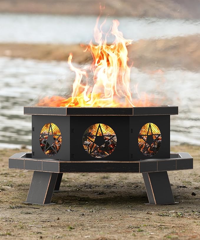 26 inch Fire Pit Firepits for Outside Wood Burning Fire Pits with Cooking Grill Outdoor Fire Pit Octagonal Heavy Duty Firepit with Poker for Bonfire Backyard Patio Bronze