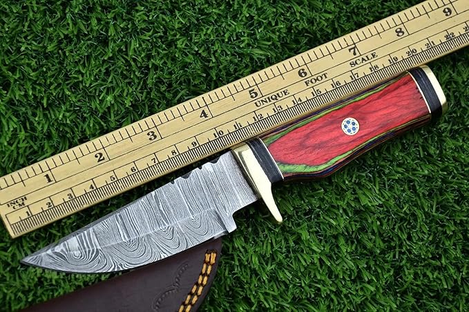 8-Inch Hand-Forged Damascus Steel Hunting Knife Fixed Blade Skinning Design with Leather Sheath Multicolor Wood Handle Brass Guard Twist Pattern Blade for Camping (Red/Green)