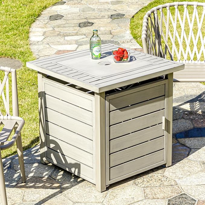 OutVue 28 Inch Propane Fire Pit Table Outdoor Gas Fire Pits with Lid &amp Lava Rock 50000 BTU Firepit for Dinning Party in Outside Patio Garden or Yard (Light Grey)