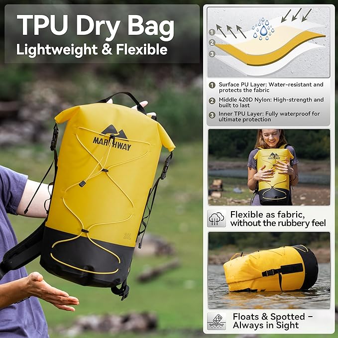 MARCHWAY Floating Roll Top Dry Bag Flexible Lightweight TPU Waterproof Backpack 20L/30L/40L with Padded Straps for Boating Kayaking Swimming Hiking Beach (Yellow 30L)