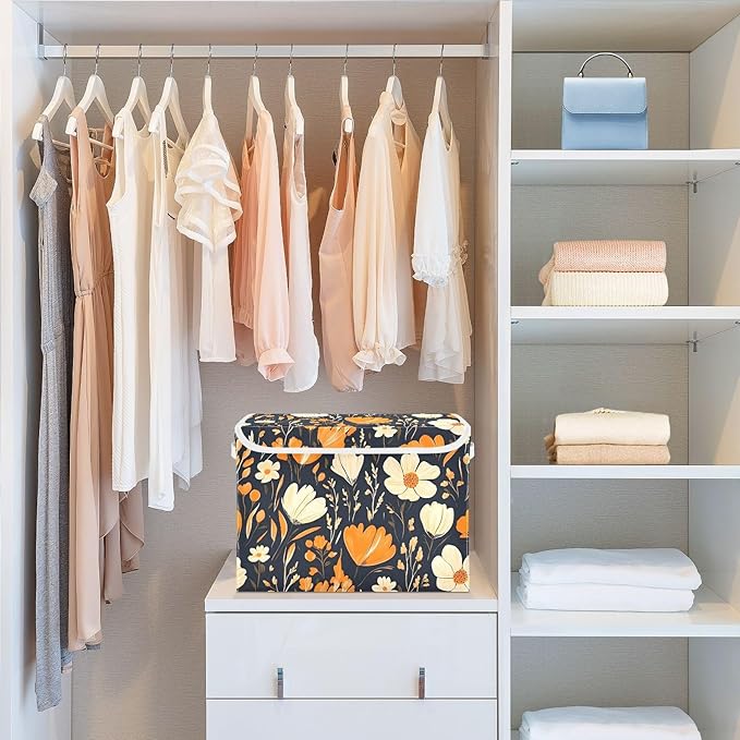 Storage Cube with Lid Cartoon Floral Pattern Print 16.5×12.6×11.8 IN Collapsible Large Capacity Foldable Storage Basket Bin Organizer