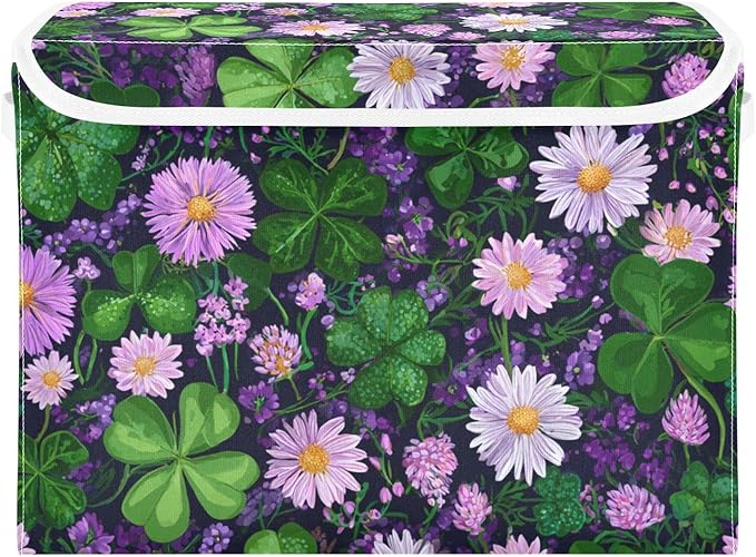 St. Patrick's Day Green Clovers Purple Storage Box with Lid 1 PC Foldable Storage Bin with Lids Stackable Storage Bins Cube Closet Organizer Basket with Flip-Top Lid &amp Handles for Shoes Book