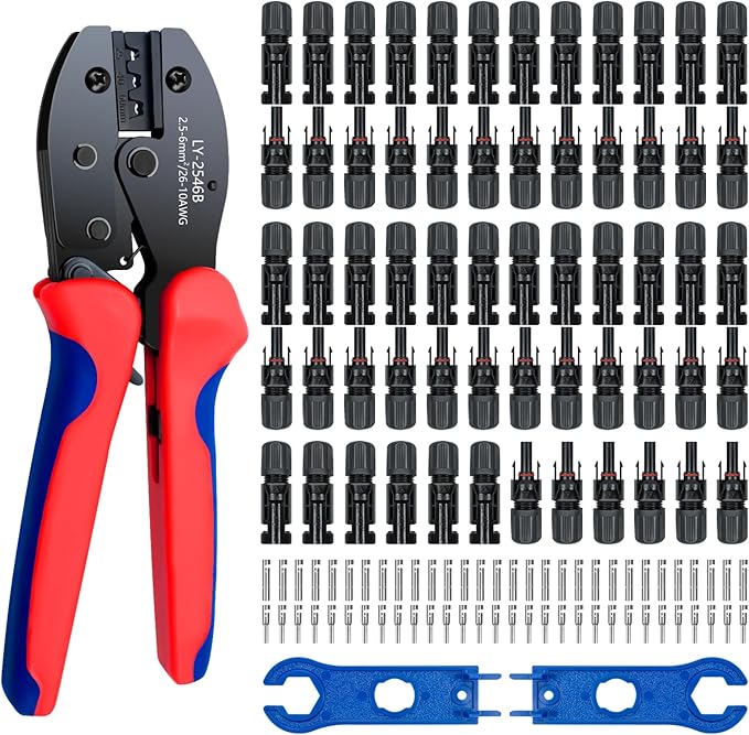Solar Panel Connector 60PCS Solar Crimper Tool Kit for Connecting Solar Panel Cable Wire Solar Connector Kit with 30 Pairs Male/Female Solar Connectors 1PCS Solar Crimper 2 PCS Spanner Wrench