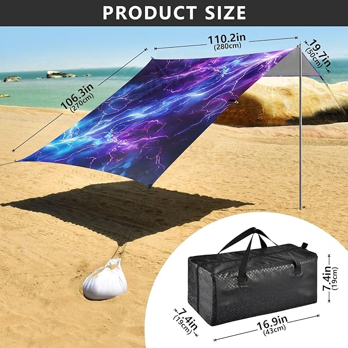 ALAZA Blue Purple Lightning Electricity Cross Lightning Beach Tent Sun Shelter Portable Canopy Sunshade for Outdoor Camping Picnics Backyard Fun 10x9 ft