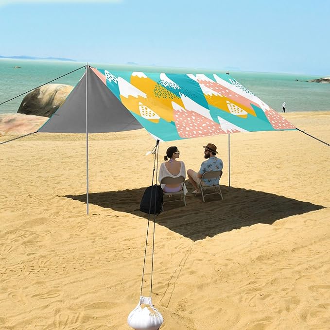 Beach Canopy with Windproof Ropes &amp Sandbags Beach Tent Sun Shade Sun Shelter for Camping Trips Fishing Backyard Fun or Picnics Mountain