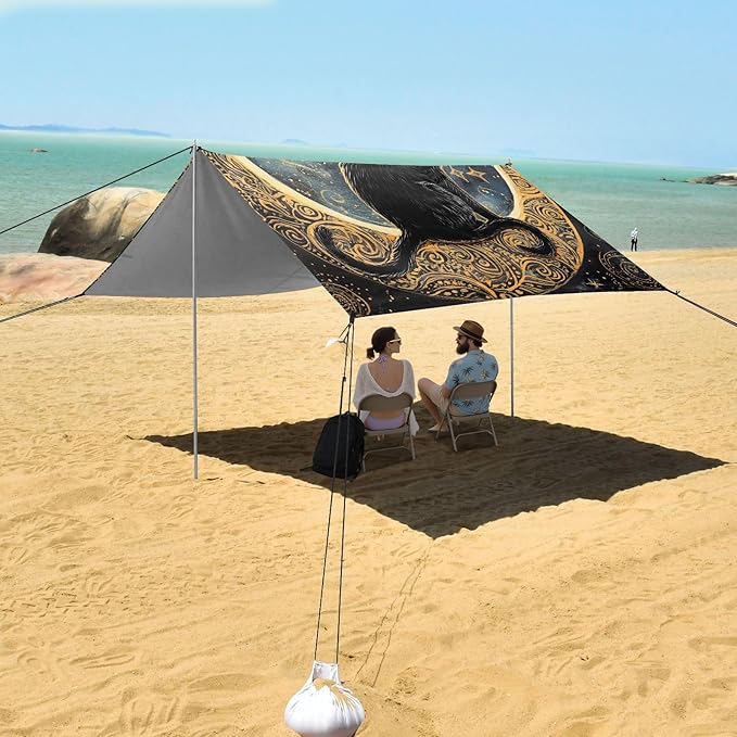 ALAZA Black Cat Sitting on The Moon Beach Tent Sun Shelter Portable Canopy Sunshade for Outdoor Camping Picnics Backyard Fun 10x9 ft