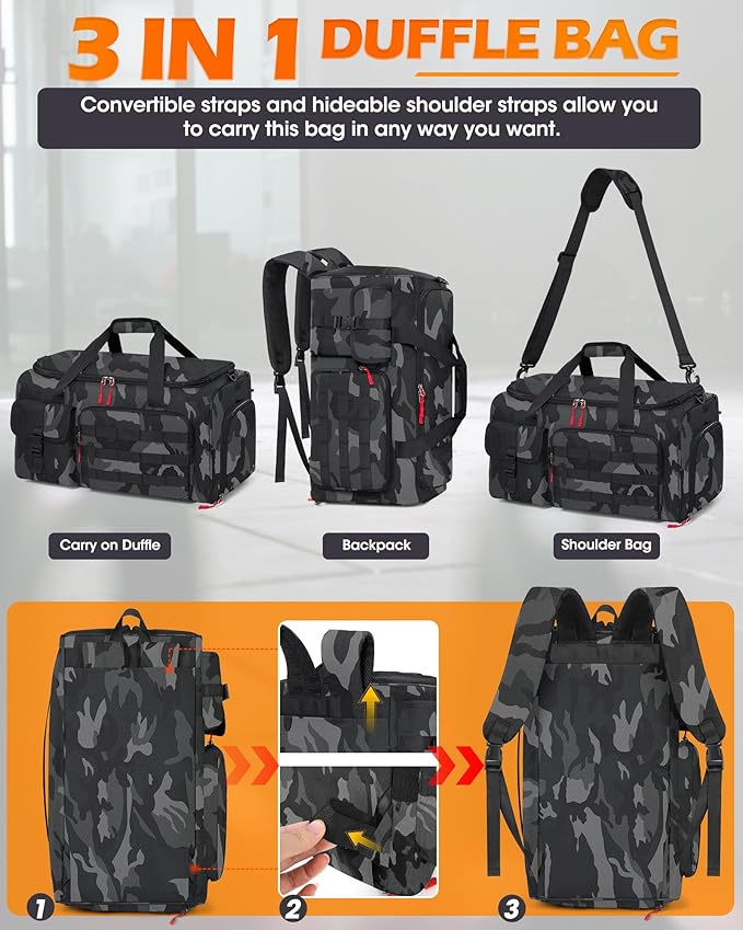 RAINSMORE Gym Bag for Men 45L Sports Travel Duffel Bag with Shoe &amp Laptop Compartment Gym Workout Backpack Carry On Weekender Bag Overnight Backpack for Travel Black Camo