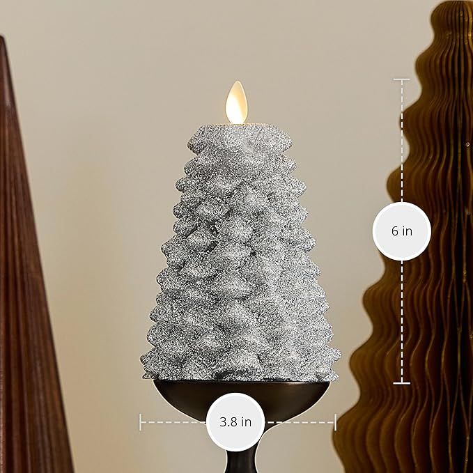 Luminara Brilliant Silver Glitter Flameless LED Candle North Tree Moving Flame Pillar (3.8 x 6)