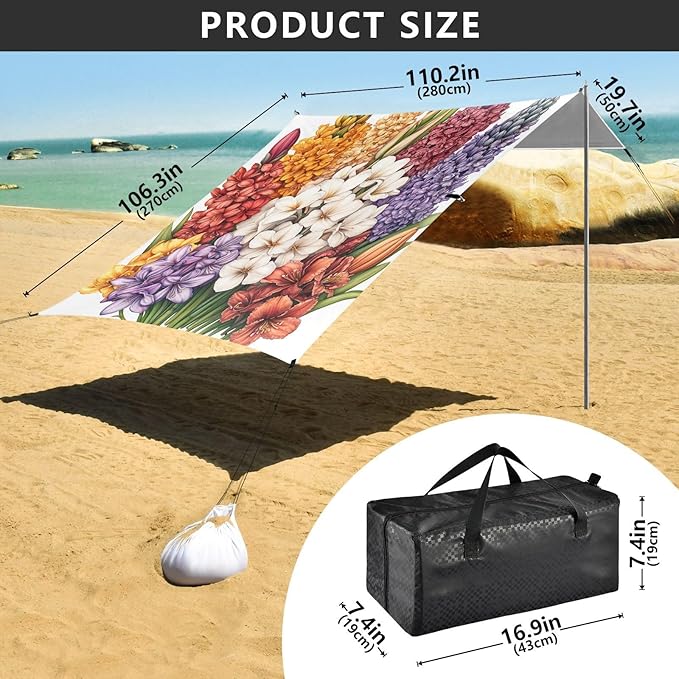 Spring Flowers Hyacinths Calla Lily Amaryllis White Beach Cabana UPF50+ Protection Waterproof Large Sun Shelter with Carrying Bag for Backyard and Camping