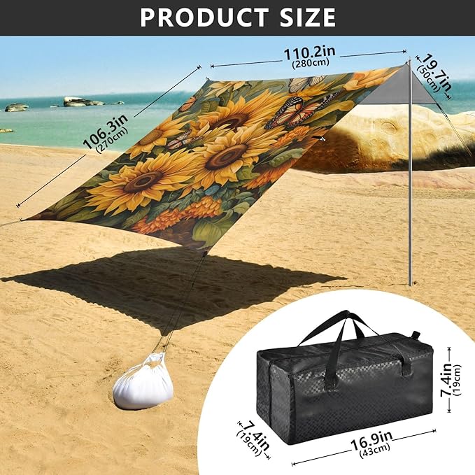 ALAZA Butterflies Sunflowers Watercolor Beach Tent Sun Shelter Portable Canopy Sunshade for Outdoor Camping Picnics Backyard Fun 10x9 ft