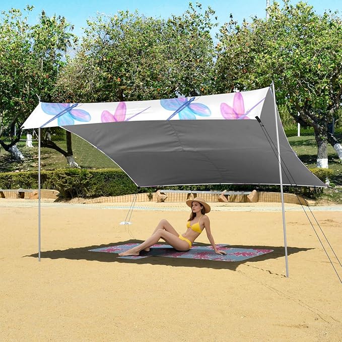 xigua Dragonflies Beach Tent Sun Shelter with Carrying Bag - Silver Coated Oxford Fabric Beach Canopy for Beach Camping Fishing - Includes Windproof Ropes Sandbags &amp Stakes