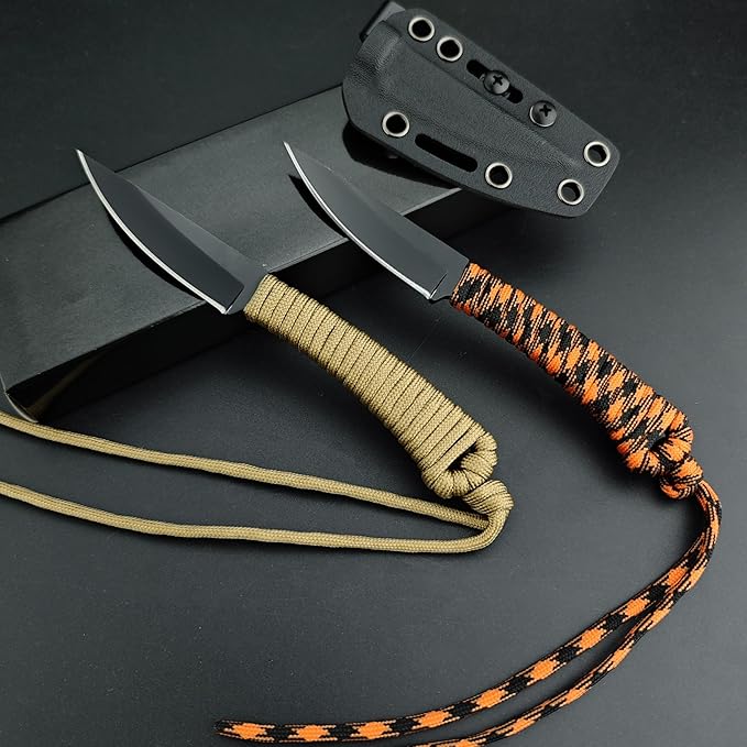 Portable EDC Fixed Blade Knife2.8'' 8Cr13Mov Steel BladeNylon Rope Handle with Kydex Sheath and PocketclipGifts for Men WomenLightweight Full Tang Knives for Camping Hiking Fishing (Khaki)