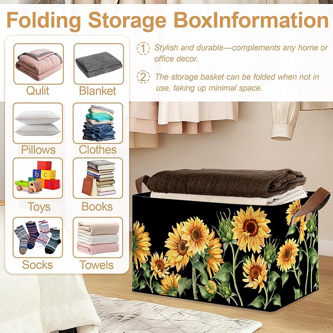 Storage Bin with Handles Sunflowers Collapsible Laundry Baskets for Books Laundry - Use in Nursery Closet Organizers and Storage Blanket Basket