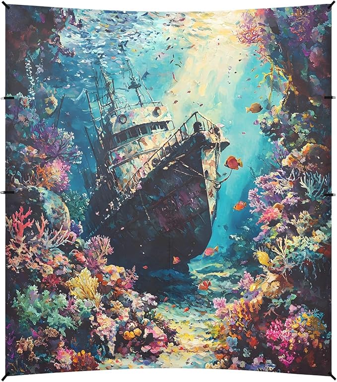 ALAZA Sunken Ship Coral in Sea Beach Tent Sun Shelter UPF50+ Protection Beach Shade Canopy w/ 4 Sandbags for Outdoor Camping Fishing Backyard Fun Picnic 10x9 ft