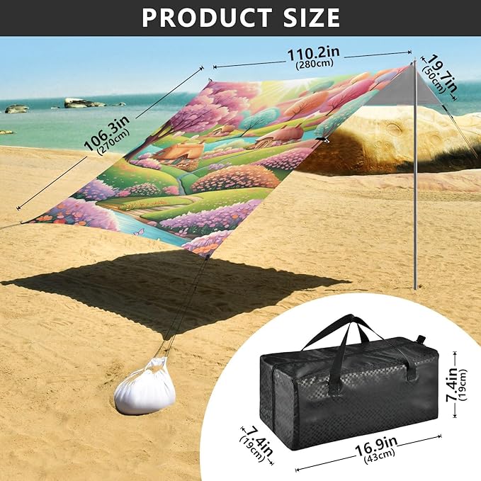 Beach Canopy with Windproof Ropes &amp Sandbags Beach Tent Sun Shade Sun Shelter for Camping Trips Fishing Backyard Fun or Picnics Landscape