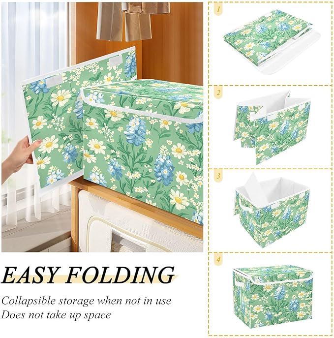 Mint Green Bluebonnet and Daisy Flowers Collapsible Storage Bins with Lids Decorative Fabric Cubes Closet Organizer Basket Boxes Containers for Clothes Box Chest