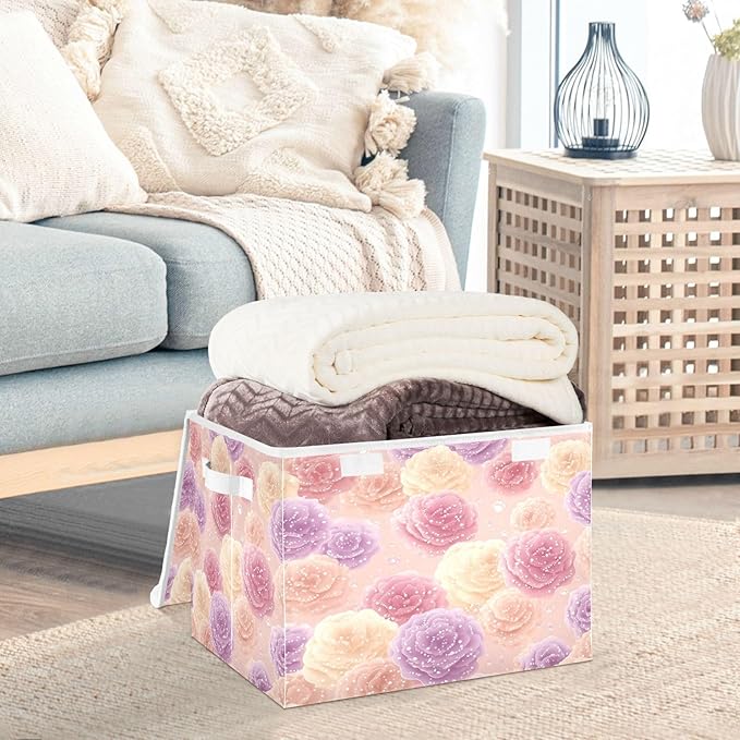 Storage Bins With Lid Stackable Fabric Closet Organizer Clothing Storage Large Boxes For Closet Shelves Bedroom Pink Roses Specks Dots Highlights