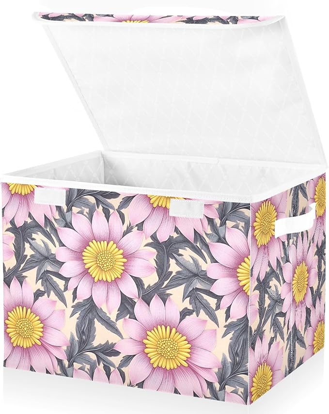 Storage Cube with Lid Aesthetic Floral Print 16.5×12.6×11.8 IN Collapsible Large Capacity Foldable Storage Basket Bin Organizer