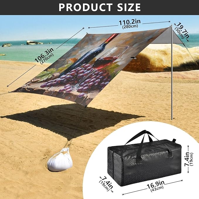 ALAZA Red Wine and Grapes Beach Tent Sun Shelter Portable Canopy Sunshade for Outdoor Camping Picnics Backyard Fun 10x9 ft