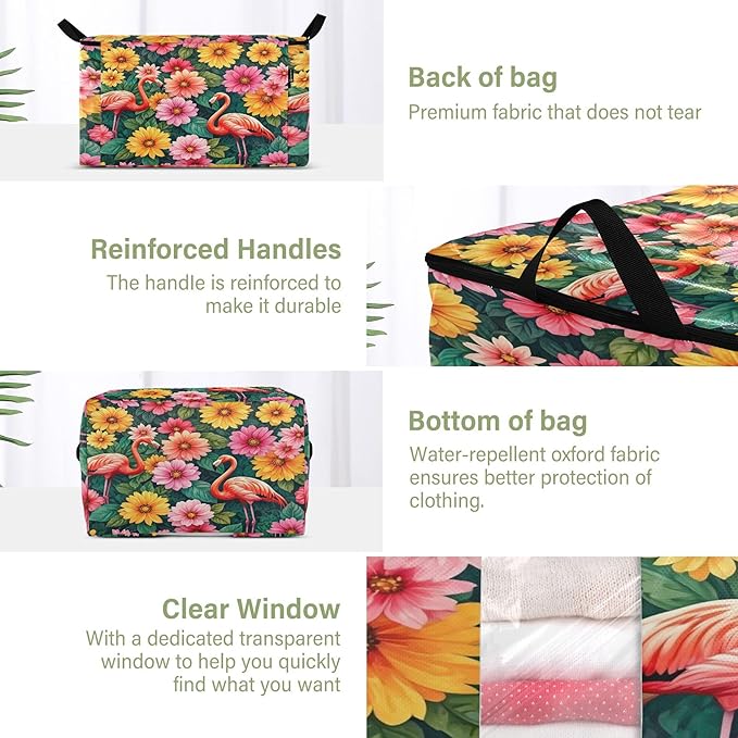 Burbuja 2 Pack Storage Bag Organizer with Handles for Clothes Blankets Bedding Floral Flamingos Foldable Storage Bag with Zipper &amp Clear Window 95L