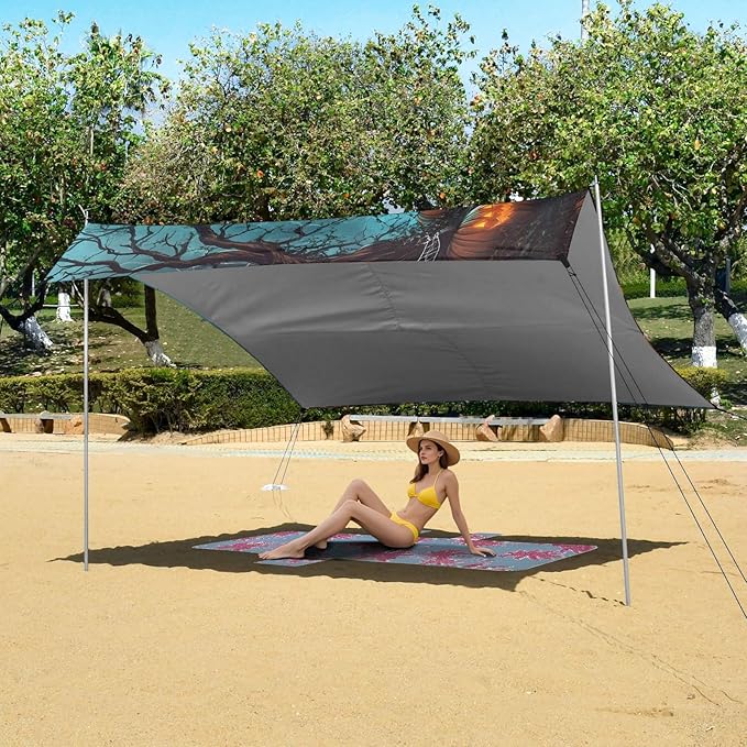 ALAZA A Halloween Gnome Dressed in A Witchs Hat and Holding Beach Tent Sun Shelter UPF50+ Protection Beach Shade Canopy w/ 4 Sandbags for Outdoor Camping Fishing Backyard Fun Picnic 10x9 ft