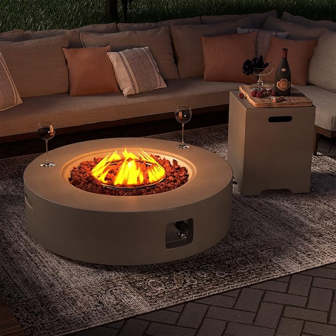 SUNBURY Outdoor 42 Inch Propane Fire Pit Table Circular Gray Patio Fire Table 50000 BTU w 20 lbs Tank Cover Waterproof Cover Free Lava Rocks
