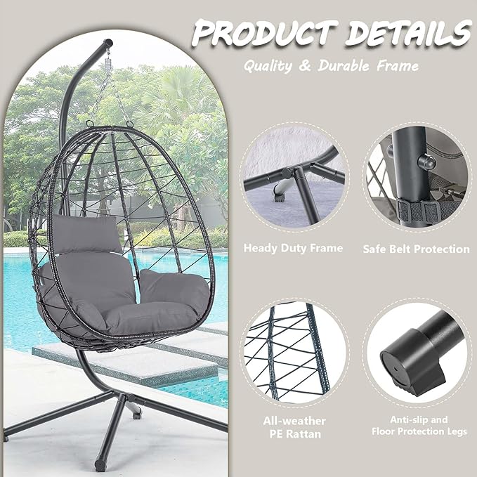 Hanging Egg Chair with Stand Black Wicker Rattan Swing Egg Chair Indoor Outdoor Swing Chair for Patio Balcony Porch Bedroom 350 LBS Capacity (Dark Gray)