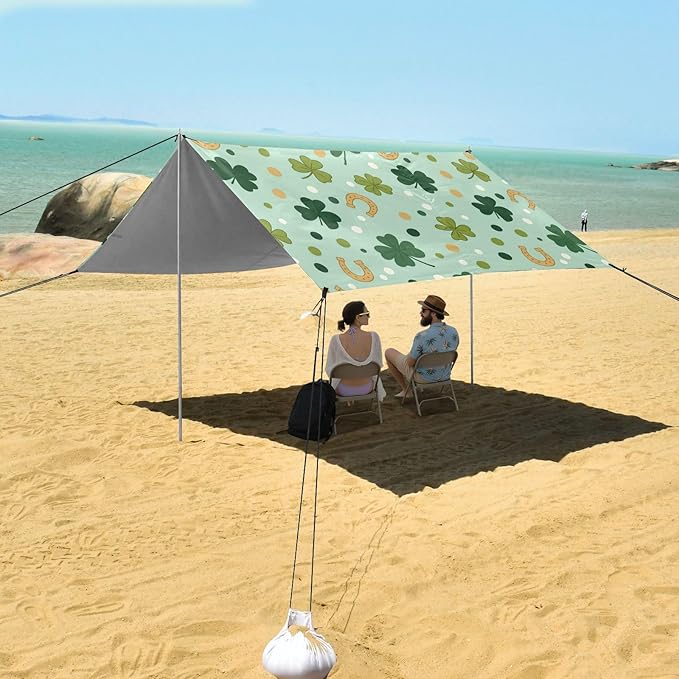 Beach Canopy with Windproof Ropes &amp Sandbags Beach Tent Sun Shade Sun Shelter for Camping Trips Fishing Backyard Fun or Picnics St. Patrick's Day Clover