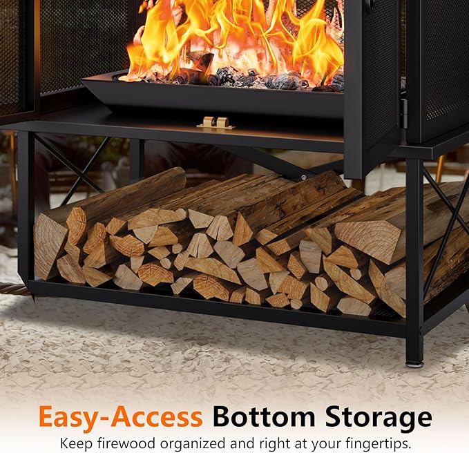 2-in-1 Metal Chiminea Fireplace with GrillWood Burning Outdoor Fireplace with Wood Storage ChimneyMetal Mesh Spark Screenand Fire Tongs Ideal for YardsPatios GardensCampingand Picnics