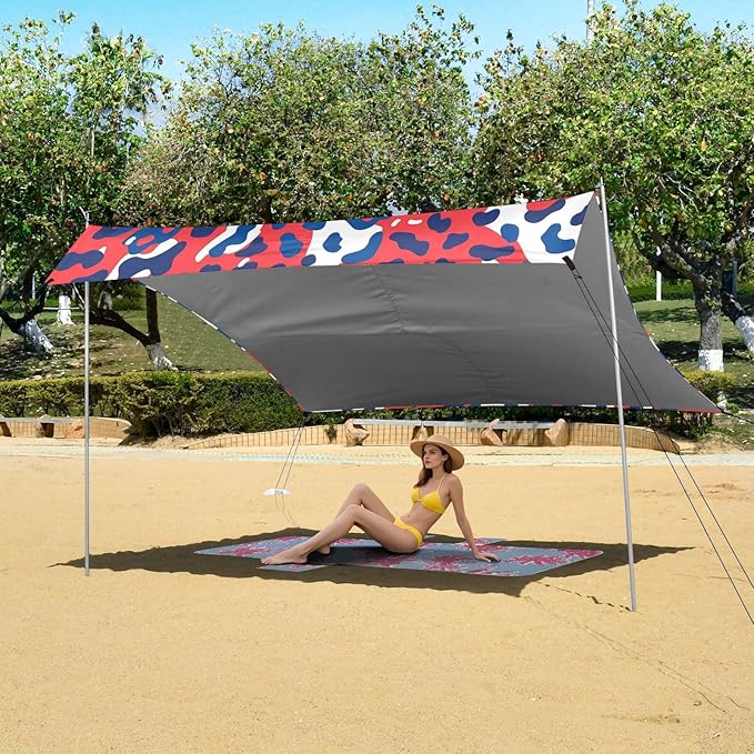 ALAZA Red &amp Blue Leopard Cheetah Print Beach Tent Sun Shelter UPF50+ Protection Beach Shade Canopy w/ 4 Sandbags for Outdoor Camping Fishing Backyard Fun Picnic 10x9 ft