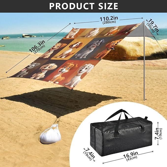 ALAZA Cute Cartoon Dogs of Different Breeds Beach Tent Sun Shelter Portable Canopy Sunshade for Outdoor Camping Picnics Backyard Fun 10x9 ft