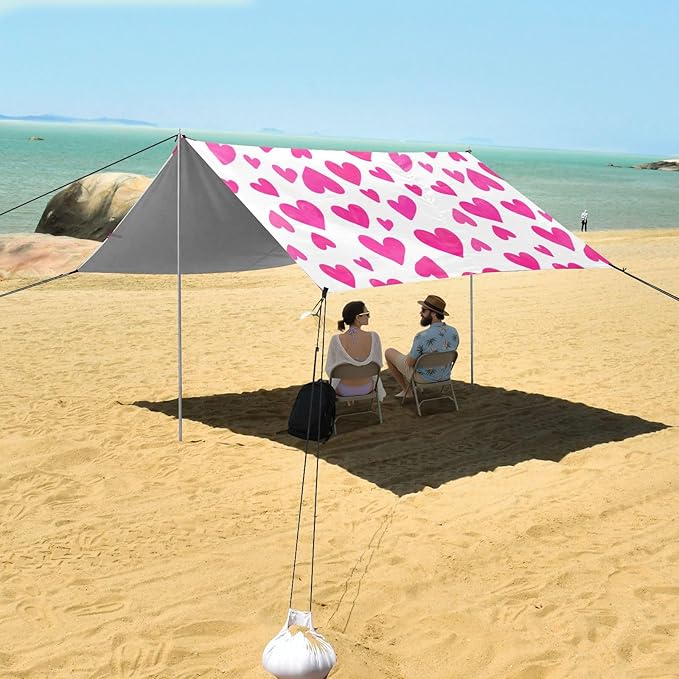 Beach Canopy with Windproof Ropes &amp Sandbags Beach Tent Sun Shade Sun Shelter for Camping Trips Fishing Backyard Fun or Picnics Heart