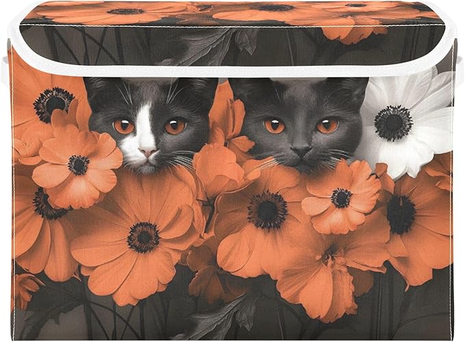 AIXIWAWA Lidded Storage Cube (Cats Flower) Fabric Foldable Closet Bins with Flip Lid and Handles Organizer Basket Container 16.5 x 12.6 x 11.8 IN