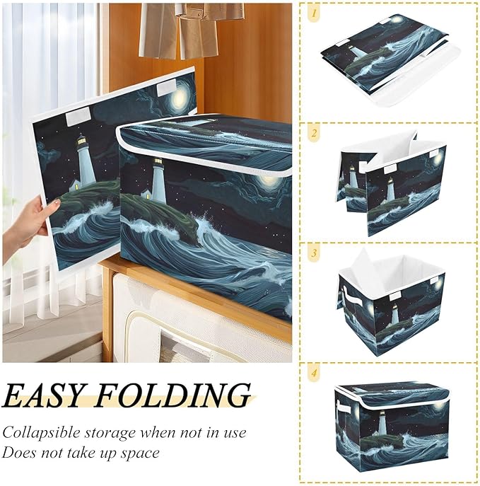 Storage Cube with Lid Cartoon Lighthouse Print 16.5×12.6×11.8 IN 1 Pack Collapsible Large Capacity Foldable Storage Basket Bin Organizer