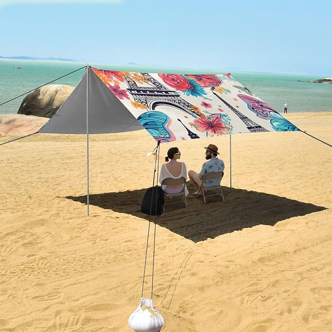 ALAZA Paris Eiffel Tower Colorful Butterfly Beach Tent Sun Shelter Portable Canopy Sunshade for Outdoor Camping Picnics Backyard Fun 10x9 ft