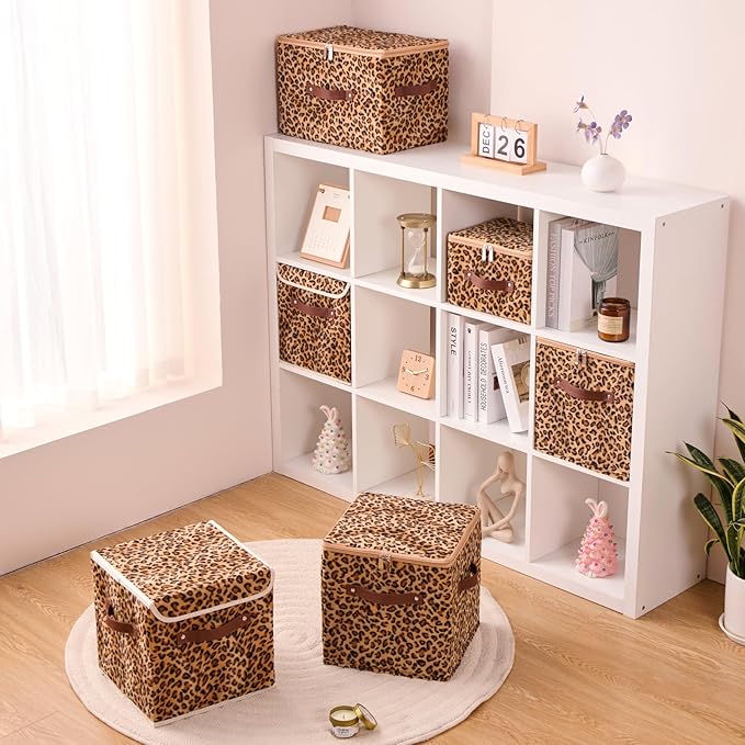4PCS Storage Cubes with Zipper Lid 11 Inch Leopard Print Velvet Fabric Cute Decorative Storage Bins Boxes PU Leather Handles Closet Organizer Container Foldable Washable Shelf Basket