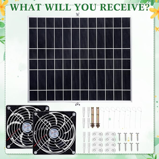 Glooglitter 20w Solar Powered Fan Kit for Chicken Coop IP67 Waterproof Dual Solar Greenhouse Fan 3500 RPM High Speed Exhaust Fan with 10ft Cable for Shed Pet House Window Outside Inside(1 Set)