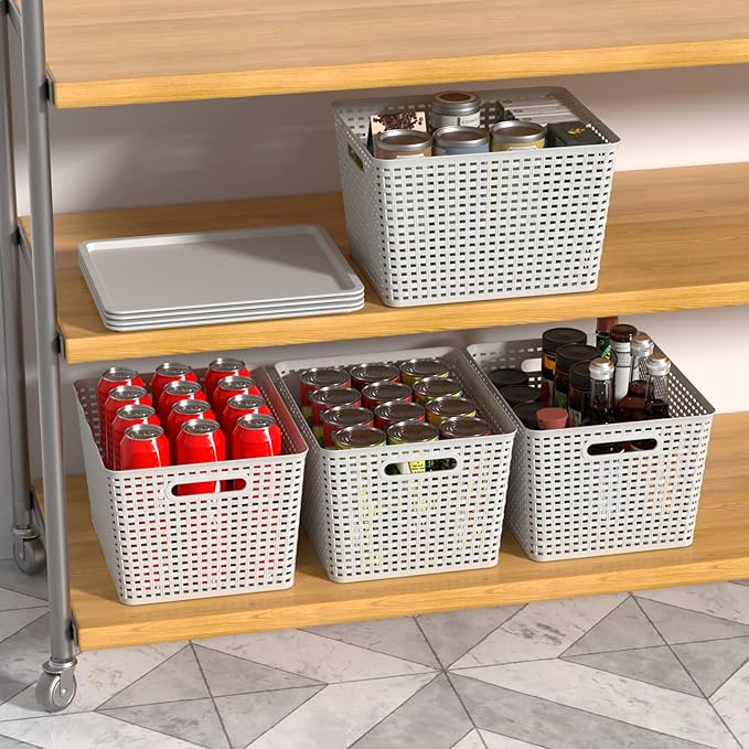 Teyyvn 6 Pack Large Plastic Storage Basket with Lid 20 Quart Lidded Storage Basket Bin for Closet Shelves White