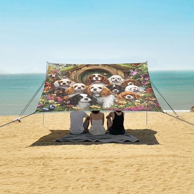 ALAZA Charles Cavalier Dog Puppy Beach Tent Sun Shelter UPF50+ Protection Beach Shade Canopy w/ 4 Sandbags for Outdoor Camping Fishing Backyard Fun Picnic 10x9 ft